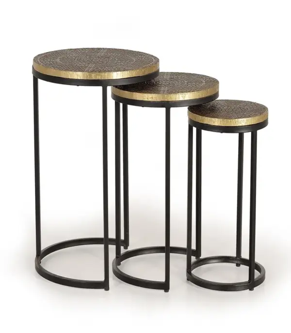 Orvia Brass Coated Top with Metal Base Coffee Table Set Of 3 End Table (Natural Finish)