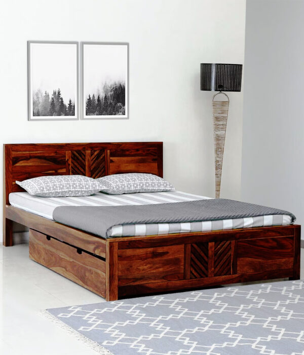 Mourconing Sheesham Wood Queen Size Bed with Drawer Storage (Rustic Teak Finish)