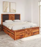 Huolk Sheesham Wood Queen Size Bed with Hydraulic Box Storage (Honey Finish) - Image 2