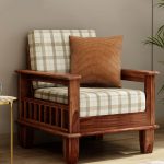 Quartz Printed Fabric Wooden Sofa Set (Honey Cream Checkered) - Image 2