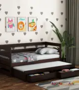 Slumbet Sheesham Wood Single Bed with Trundle Bed with Drawer Storage (Walnut Finish) - Image 2