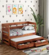 Slumbet Sheesham Wood Single Bed with Trundle Bed with Drawer Storage (Honey Finish) - Image 2