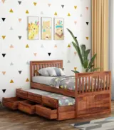 Pelar Sheesham Wood Single Bed with Trundle Bed with Drawer Storage (Honey Finish) - Image 2