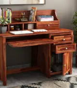 Nettile Sheesham Wood Computer Table Cum Shelf with Storage and Keyboard Tray (Honey Finish) - Image 2