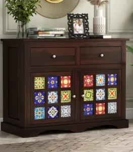 Roko Sheesham Wood Sideboard and Cabinet with Two Drawers (Walnut Finish)