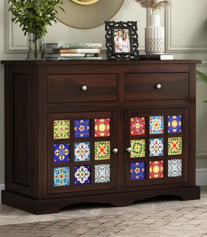 Roko Sheesham Wood Sideboard and Cabinet with Two Drawers (Walnut Finish)
