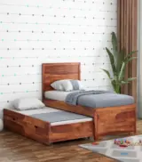 Geary Sheesham Wood Single Bed with Trundle Bed with Drawer Storage (Honey Finish) - Image 3