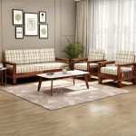 Quartz Printed Fabric Wooden Sofa Set (Honey Cream Checkered) - Image 3
