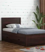 Geary Sheesham Wood Single Bed with Trundle Bed with Drawer Storage (Walnut Finish)