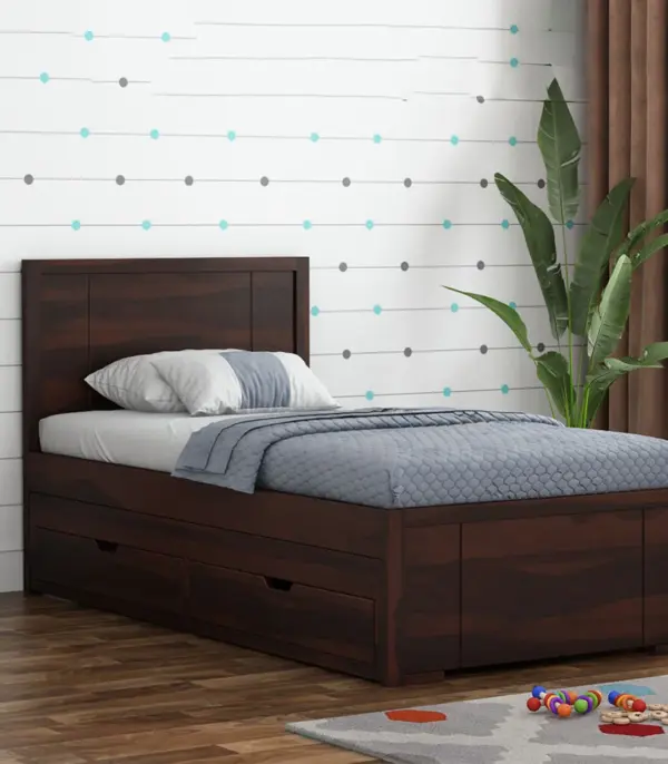 Geary Sheesham Wood Single Bed with Trundle Bed with Drawer Storage (Walnut Finish)