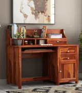Nettile Sheesham Wood Computer Table Cum Shelf with Storage and Keyboard Tray (Honey Finish) - Image 3