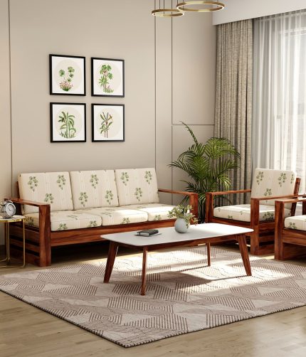 Winster 3+1+1 Printed Fabric Wooden Sofa Set (Honey Palm Leaf stripes)