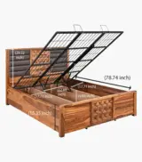 Huolk Sheesham Wood Queen Size Bed with Hydraulic Box Storage (Honey Finish) - Image 4