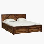 Turin Sheesham Wood Queen Size Bed In Provincial Teak Finish With Hydraulic - Image 4