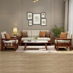 Quartz Printed Fabric Wooden Sofa Set (Honey Cream Checkered) - Image 4