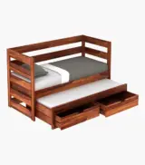 Slumbet Sheesham Wood Single Bed with Trundle Bed with Drawer Storage (Honey Finish) - Image 4