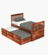 Pelar Sheesham Wood Single Bed with Trundle Bed with Drawer Storage (Honey Finish) - Image 4