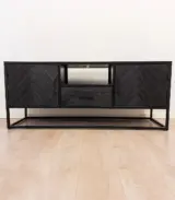 Wudzei Solid Mango Wood with Metal Frame Floor Standing TV Unit (Black Finish) - Image 4