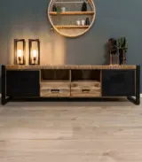 Duro Solid Mango Wood with Metal Frame Floor Standing TV Unit (Natural Finish) - Image 3