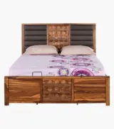 Huolk Sheesham Wood Queen Size Bed with Hydraulic Box Storage (Honey Finish) - Image 5