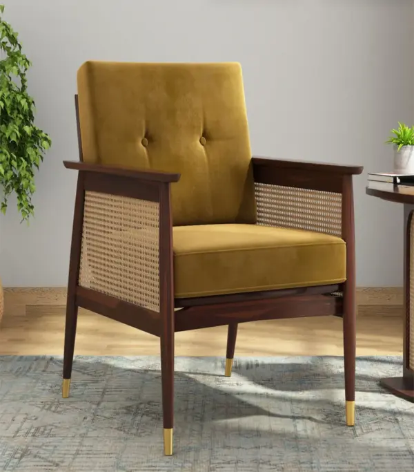 Imperor Sheesham Wood Frame with Cushioned Velvet Seating Arm Chair (Chestnut Brown with Walnut Finish)