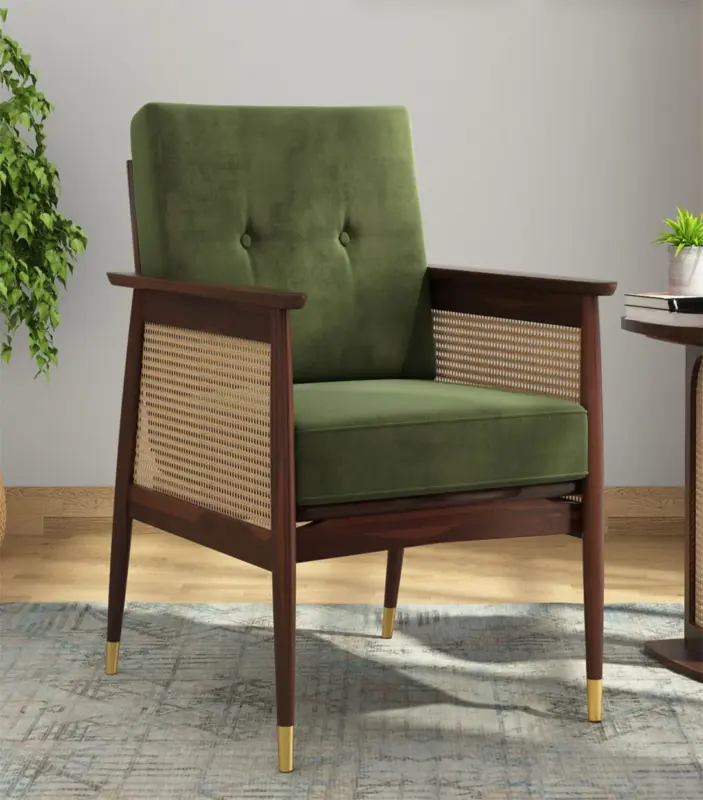 Imperor Sheesham Wood Frame with Cushioned Velvet Seating Arm Chair (Olive Green with Walnut Finish)