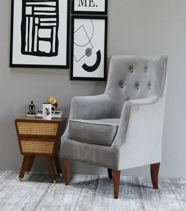Edoree Sheesham Wood Frame with Cushioned Velvet Seating Arm Chair (Graphite Grey with Walnut Finish)