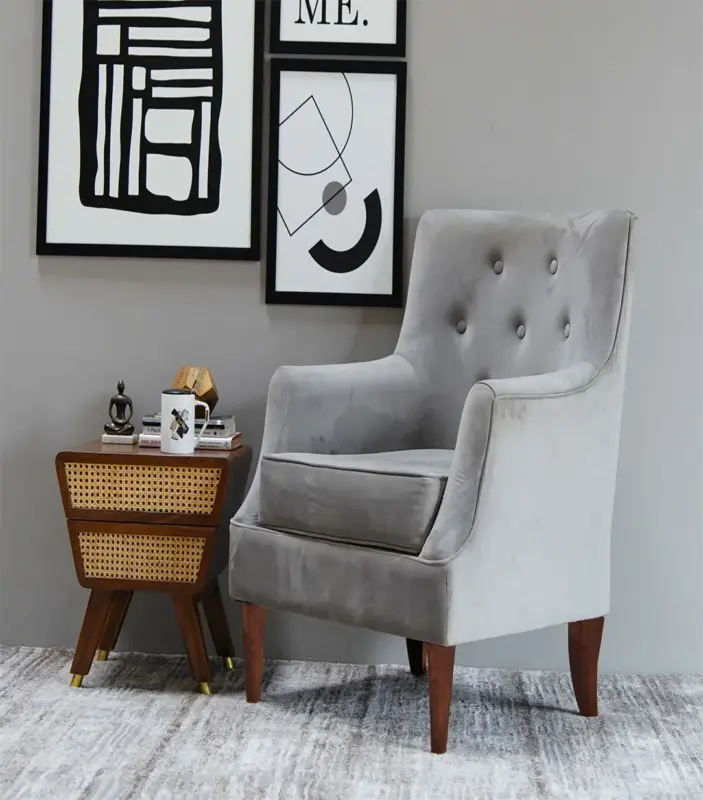 Edoree Sheesham Wood Frame with Cushioned Velvet Seating Arm Chair (Graphite Grey with Walnut Finish)