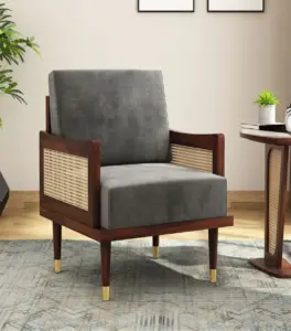 Melton Sheesham Wood Frame with Cushioned Velvet Seating Arm Chair (Graphite Grey with Walnut Finish)