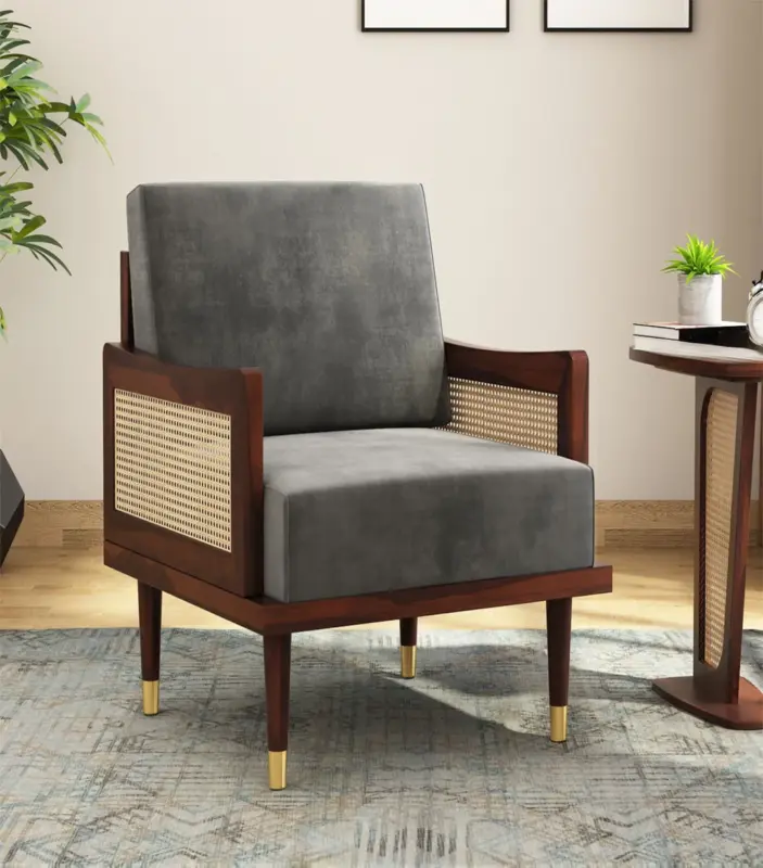 Melton Sheesham Wood Frame with Cushioned Velvet Seating Arm Chair (Graphite Grey with Walnut Finish)