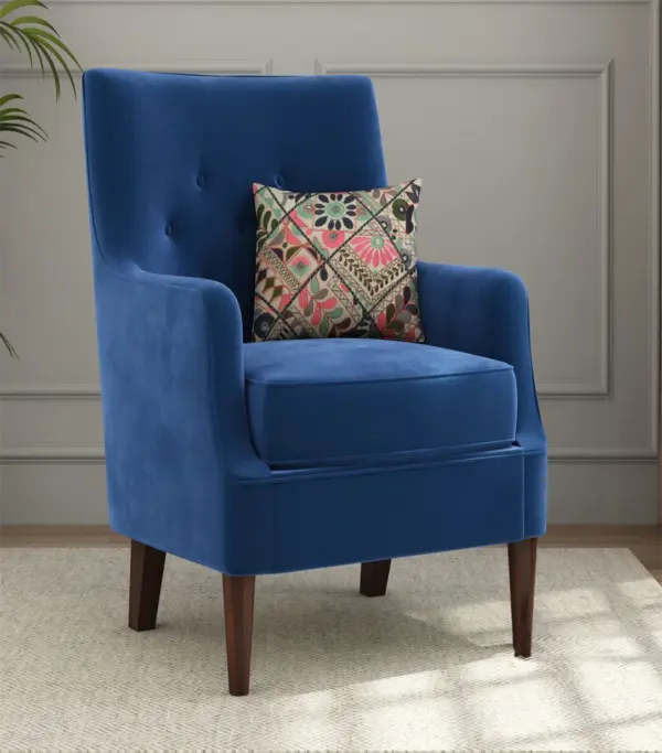 Edoree Sheesham Wood Frame with Cushioned Velvet Seating Arm Chair (Indigo Blue with Walnut Finish)