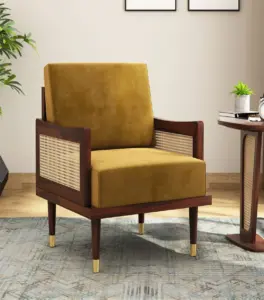 Melton Sheesham Wood Frame with Cushioned Velvet Seating Arm Chair (Chestnut Brown with Walnut Finish)