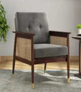 Imperor Sheesham Wood Frame with Cushioned Velvet Seating Arm Chair (Graphite Grey with Walnut Finish)