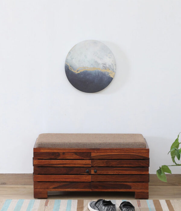 Siena Sheesham Wood Shoe Rack In Scratch Resistant Provincial Teak Finish With Light Beige Cushion