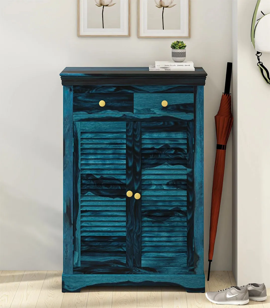 Carlison Sheesham Wood Shoe Cabinet (Blue Finish)