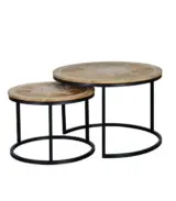 Poleit Solid Mango Wood 2 Carved Top with Metal Base Set of Coffee Tables (Natural Finish)