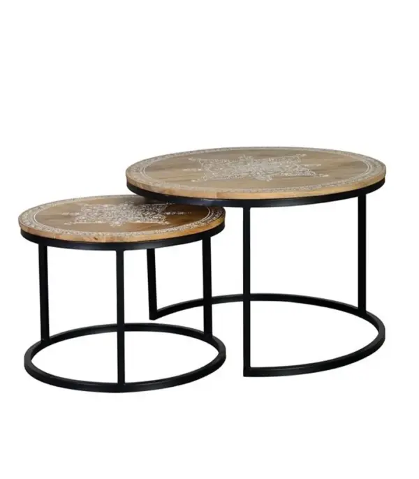 Poleit Solid Mango Wood 2 Carved Top with Metal Base Set of Coffee Tables (Natural Finish)