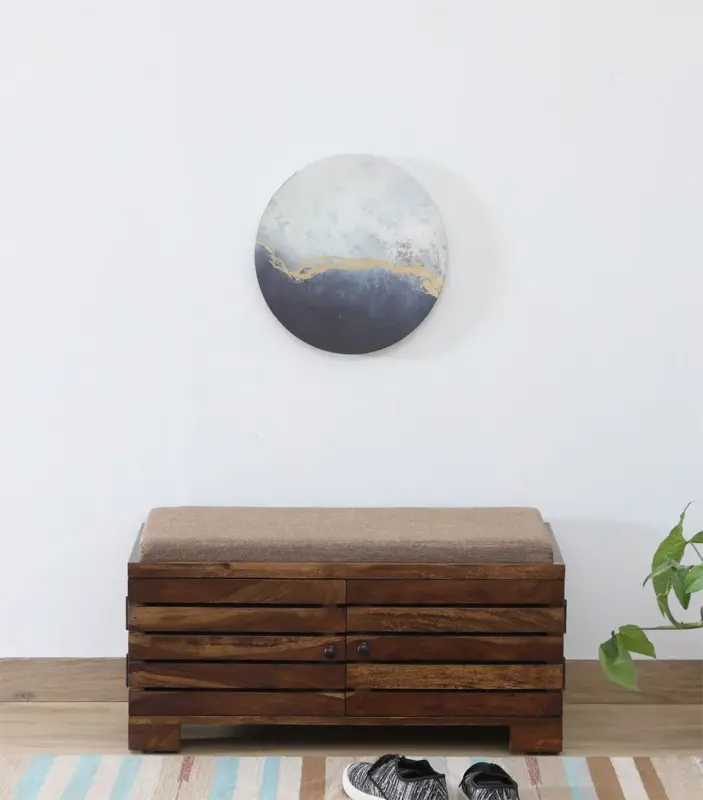 Syena Sheesham Wood Shoe Rack with Cushion Seating (Honey Oak Finish)