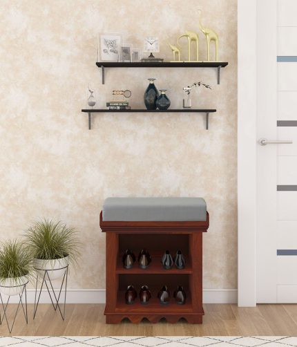 Ojaswi Sheesham Wood Shoe Rack With Seating In Honey Oak Finish