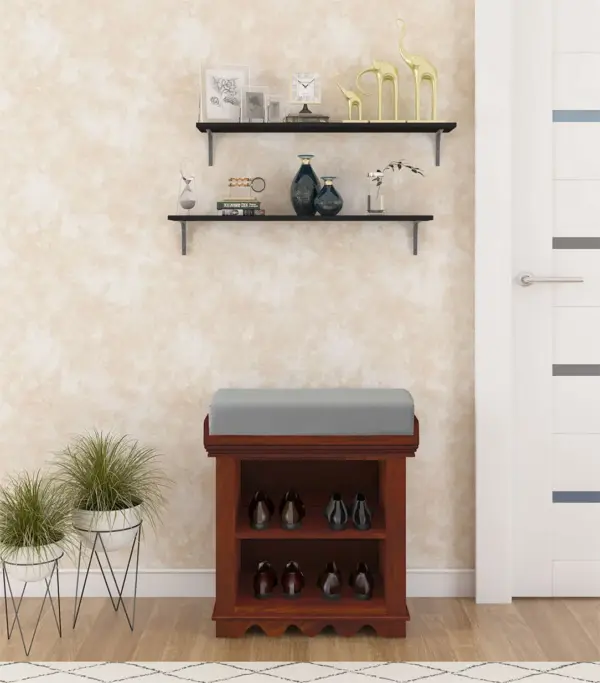 Ojasvi Sheesham Wood Shoe Rack with Cushion Seating (Honey Oak Finish)