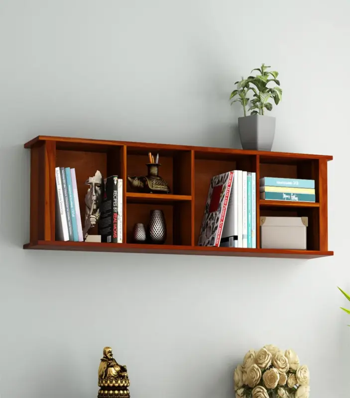 Tiaga Sheesham Wood Wall Shelf with Open Storage (Honey Finish)