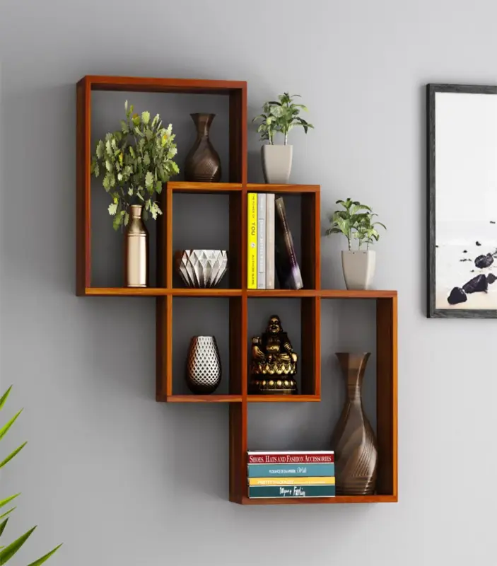 Grinzo Sheesham Wood Wall Shelf with Open Storage (Honey Finish)