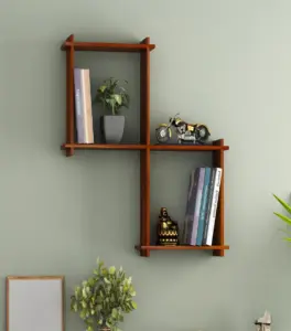 Bizson Sheesham Wood Wall Shelf with Open Storage (Honey Finish)