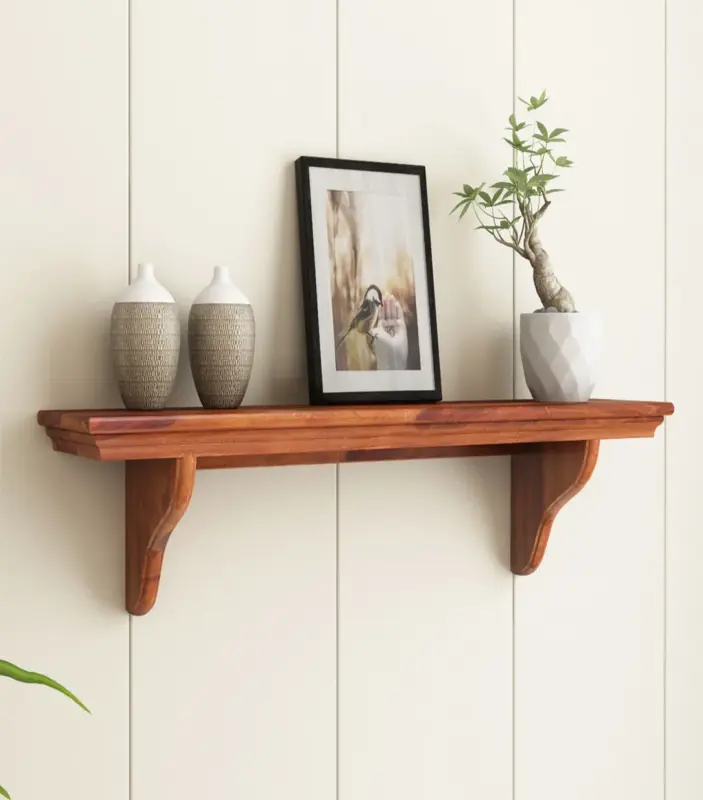 Teller Sheesham Wood Wall Shelf with Open Storage (Honey Finish)