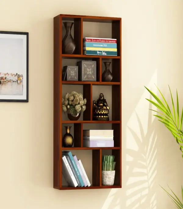 Toris Sheesham Wood Wall Shelf with Open Storage (Honey Finish)