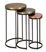Torfish Brass Coated Mango Wood Top with Metal Base Set of 3 Coffee Tables (Natural Finish)