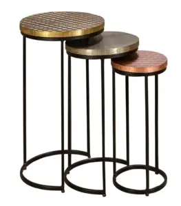 Torfish Brass Coated Mango Wood Top with Metal Base Set of 3 Coffee Tables (Natural Finish)