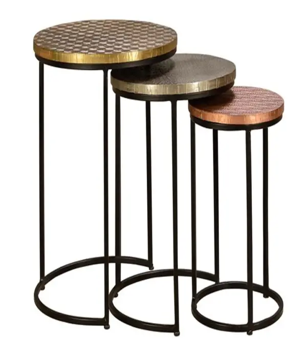 Torfish Brass Coated Mango Wood Top with Metal Base Set of 3 Coffee Tables (Natural Finish)