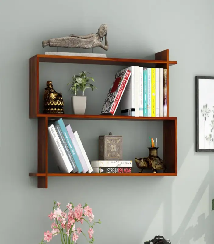 Scalpa Sheesham Wood Wall Shelf with Open Storage (Honey Finish)