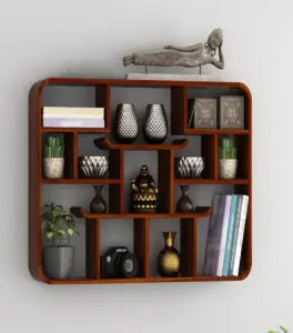 Nihao Sheesham Wood Wall Shelf with Open Storage (Honey Finish)